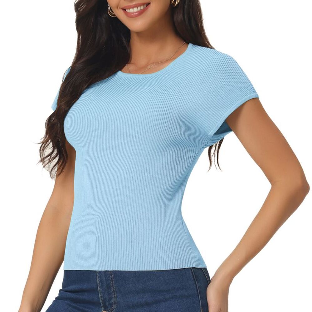 Casual Cap Sleeve Knit T Shirts Crewneck Basic Tops Slim Fit Blouse Light Blue